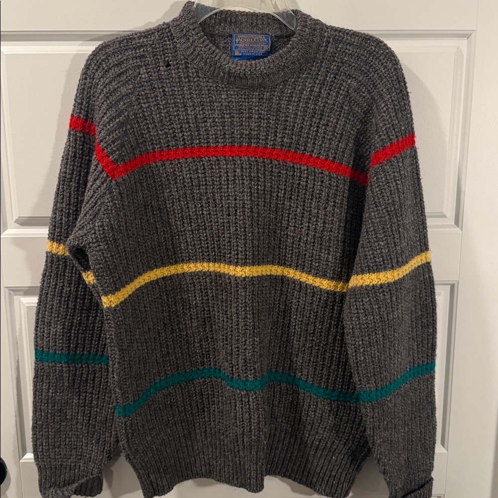 Vintage 80s 90s Pendleton Wool Cable Knit Yarn Fisherman Striped Grandpa Medium - Picture 5 of 6